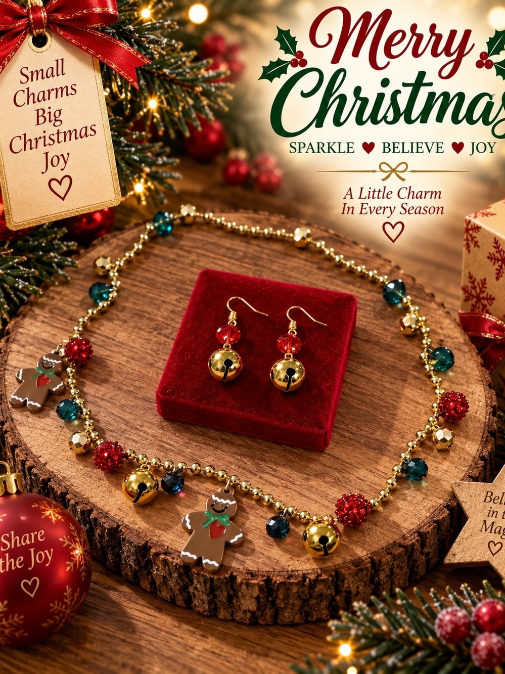 Gold Holiday Charm Earrings And Necklace Set with Red Beads and Jingle Bells